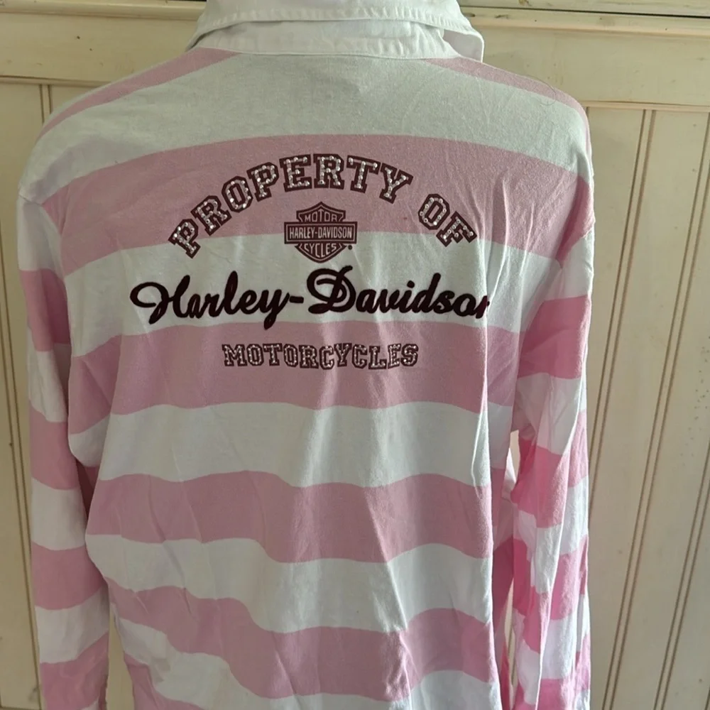 Harley-Davidson Woman’s Long  Sleeve Collard Pink and‎ White Striped Shirt - Picture 2 of 9